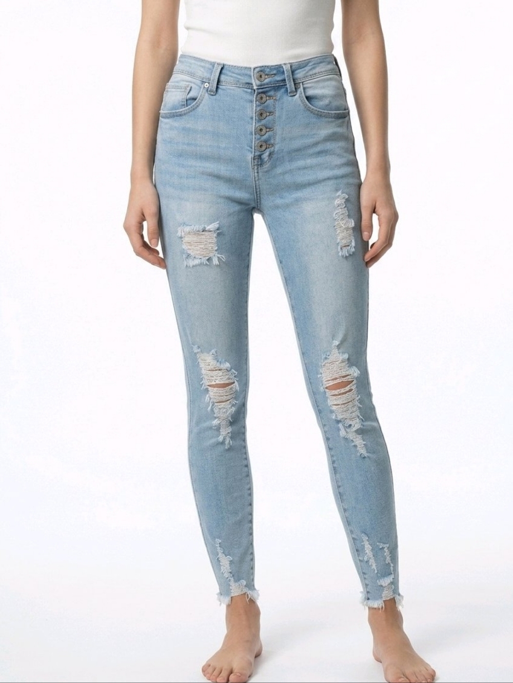 Women’s Light Wash Distressed Skinny Jeans Size 7/28 High Rise 5 Button Fly